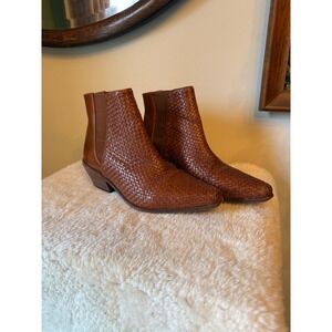 THE GREAT. Chestnut Woven Ankle Booties